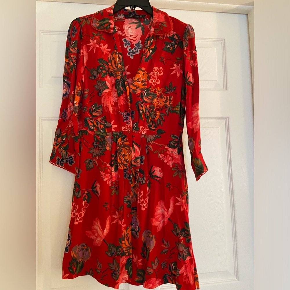 Zara button-down red floral mini dress.